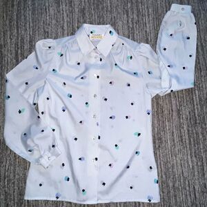 Mistique Women’s Size Small Vintage Button‎ Down Blouse White Multicolor Spotted